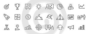 Set of 24 Business strategy web icons in line style. Startup, investment, financial, development, marketing, idea. Vector