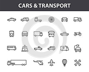 Set of 24 Cars and transport web icons in line style. Airplane, bus, parking, travel, train, comfortable. Vector
