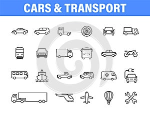 Set of 24 Cars and transport web icons in line style. Airplane, bus, parking, travel, train, comfortable. Vector