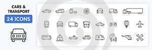 Set of 24 Cars and transport web icons in line style. Airplane, bus, parking, travel, train, comfortable. Vector illustration