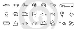 Set of 24 Cars and transport web icons in line style. Airplane, bus, parking, travel, train, comfortable. Vector illustration