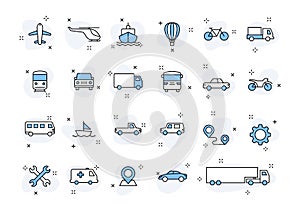 Set of 24 Cars and transport web icons in line style. Airplane, bus, parking, travel, train, comfortable. Vector illustration