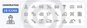 Set of 24 Construction web icons in line style. Building, engineer, business, road, builder, industry. Vector illustration
