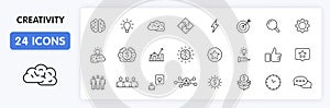 Set of 24 Creativity and Idea web icons in line style. Creativity, Finding solution, Brainstorming, Creative thinking, Brain.