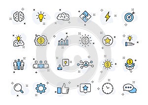 Set of 24 Creativity and Idea web icons in line style. Creativity, Finding solution, Brainstorming, Creative thinking, Brain.