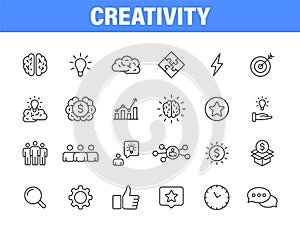 Set of 24 Creativity and Idea web icons in line style. Creativity, Finding solution, Brainstorming, Creative thinking, Brain.
