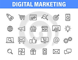 Set of 24 Digital Marketing web icons in line style. Social, networks, feedback, communication, marketing, ecommerce. Vector