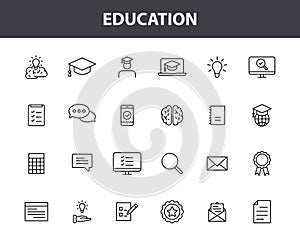 Set of 24 Education and Learning web icons in line style. School, university, textbook, learning. Vector illustration