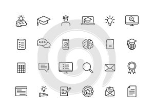 Set of 24 Education and Learning web icons in line style. School, university, textbook, learning. Vector illustration