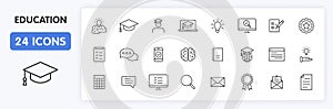Set of 24 Education and Learning web icons in line style. School, university, textbook, learning. Vector illustration