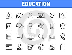 Set of 24 Education and Learning web icons in line style. School, university, textbook, learning. Vector illustration