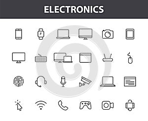 Set of 24 Electronics and Devices web icons in line style. Device, phone, laptop, communication, smartphone, ecommerce