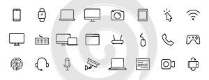 Set of 24 Electronics and Devices web icons in line style. Device, phone, laptop, communication, smartphone, ecommerce. Vector