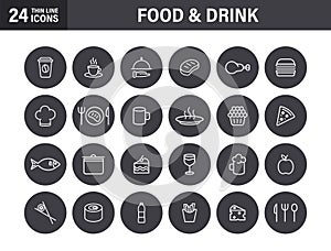 Set of 24 Food and Drink web icons in line style. Coffe, water, eat, restaurant, fastfood. Vector illustration