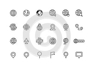 Set of 24 Globe and earth planet web icons in line style. Navigational Equipment, Planet Earth, Airplane, Map. Vector illustration