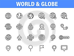 Set of 24 Globe and earth planet web icons in line style. Navigational Equipment, Planet Earth, Airplane, Map. Vector illustration