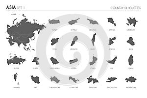 Set of 24 high detailed silhouette maps of Asian Countries and territories, and map of Asia vector illustration