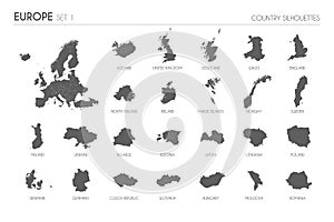 Set of 24 high detailed silhouette maps of European Countries and territories, and map of Europe vector illustration