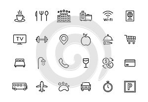 Set of 24 Hotel web icons in line style. Room, business, parking, travel, sleeping, comfortable. Vector illustration.