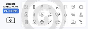 Set of 24 Medical and Health web icons in line style. Medicine and Health Care, RX, infographic. Vector illustration