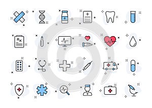 Set of 24 Medical and Health web icons in line style. Medicine and Health Care, RX, infographic. Vector illustration