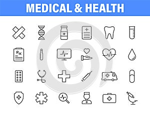 Set of 24 Medical and Health web icons in line style. Medicine and Health Care, RX, infographic. Vector illustration