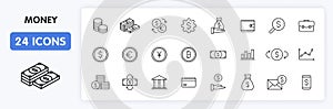 Set of 24 Money and Payment web icons in line style. Business, investment, financial, banking ,dollar, bank, cash, coin exchange,