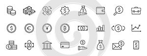 Set of 24 Money and Payment web icons in line style. Business, investment, financial, banking ,dollar, bank, cash, coin exchange,