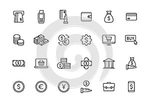 Set of 24 Money and Payment web icons in line style. Business, investment, financial, banking, exchange, pay. Vector