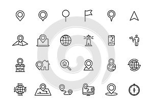 Set of 24 Navigation and location web icons in line style. GPS, compass, global, marker, map, pointer. Vector