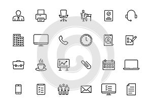 Set of 24 Office web icons in line style. Teamwork, workplace, coffee, work, business, employee. Vector illustration.
