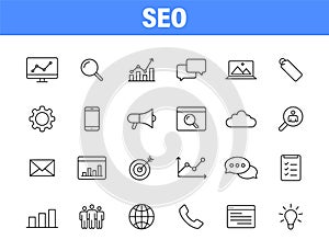 Set of 24 SEO and Development icons in line style. Contact, Target, Website. Vector illustration