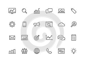 Set of 24 SEO and Development web icons in line style. Contact, Target, Website. Vector illustration