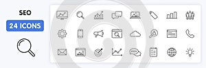 Set of 24 SEO and Development web icons in line style. Contact, Target, Website. Vector illustration