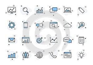 Set of 24 SEO and Development web icons in line style. Contact, Target, Website. Vector illustration