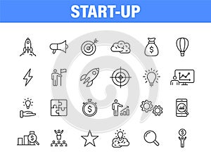 Set of 24 Start up web icons in line style. Creative, idea, target, innovation, business, marketing.