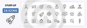 Set of 24 Start up web icons in line style. Creative, idea, target, innovation, business, marketing. Vector illustration