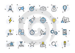 Set of 24 Start up web icons in line style. Creative, idea, target, innovation, business, marketing. Vector illustration