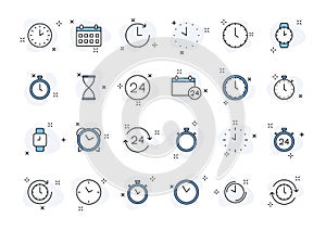 Set of 24 Time and clock web icons in line style. Timer, Speed, Alarm, Calendar. Vector illustration