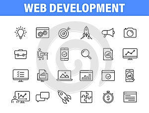Set of 24 Web development web icons in line style. Marketing, analytics, e-commerce