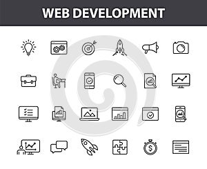 Set of 24 Web development web icons in line style. Marketing, analytics, e-commerce, digital, management, seo. Vector