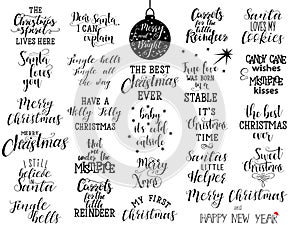 Set of 25 christmas hand lettering quotes to greeting card, banner, poster, calligraphy vector illustration