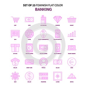Set of 25 Feminish Banking Flat Color Pink Icon set