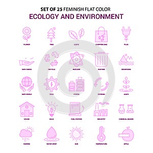 Set of 25 Feminish Ecology and Enviroment Flat Color Pink Icon s