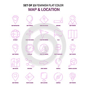 Set of 25 Feminish Map and Location Flat Color Pink Icon set