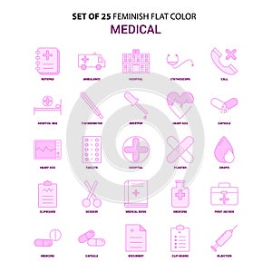 Set of 25 Feminish Medical Flat Color Pink Icon set