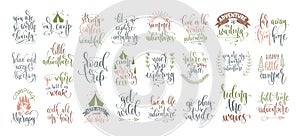 Set of 25 hand lettering inscription posters about travel adventure, positive quotes