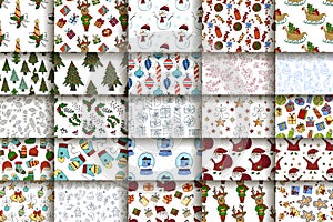 Set of 25 handdrawn Christmas seamless pattern.