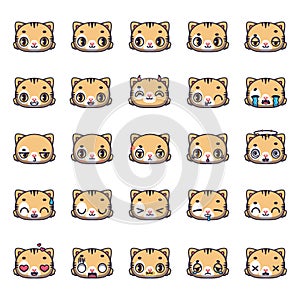 Set of 25 orange cat avatars with various facial expressions, emotes