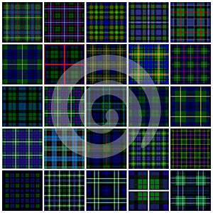 Set of 25 tartans, mostly blue and green.. Tartan imitation for